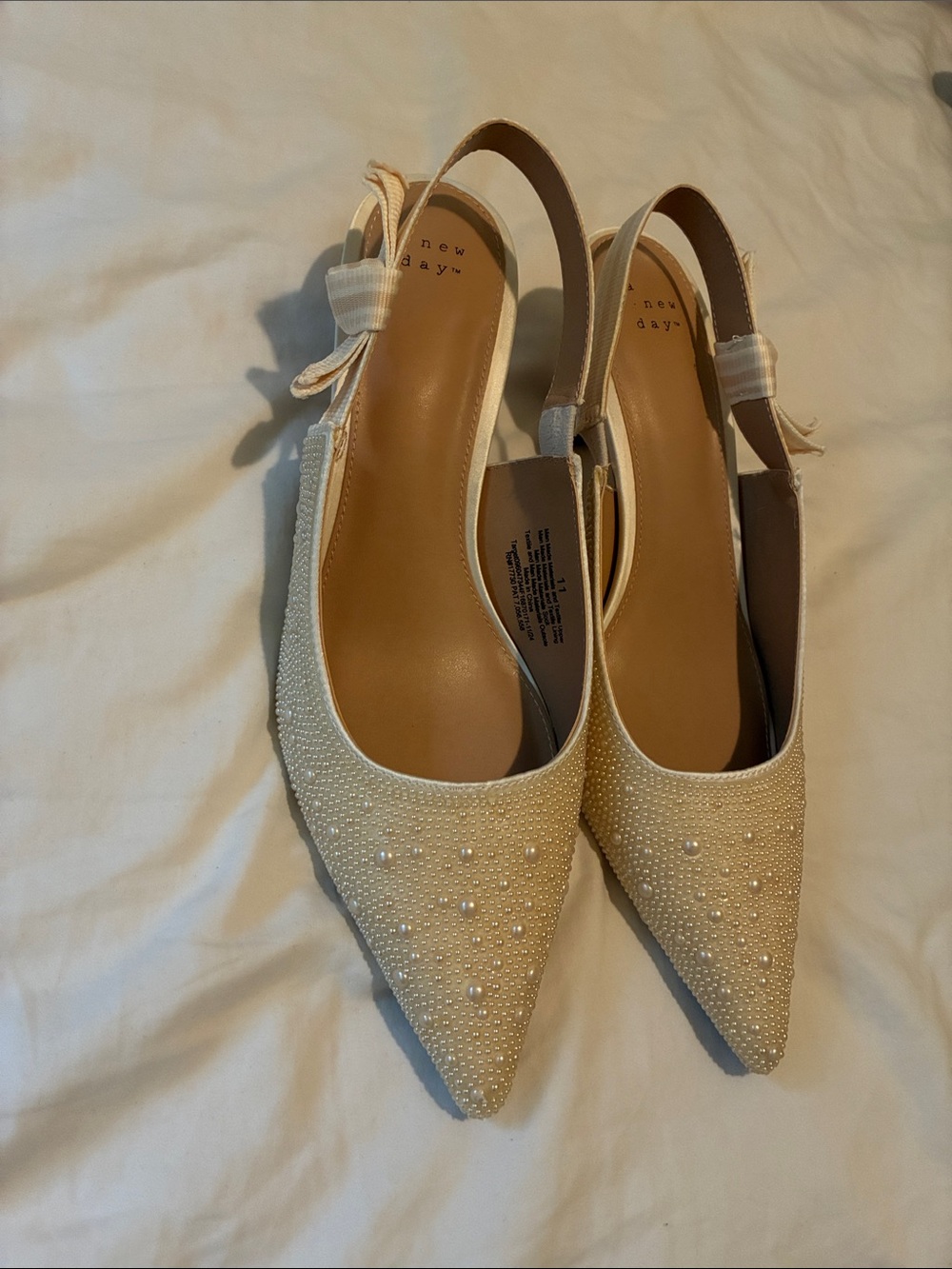 New Day Women's Pearl-Embellished Slingback Flats in Cream size 11